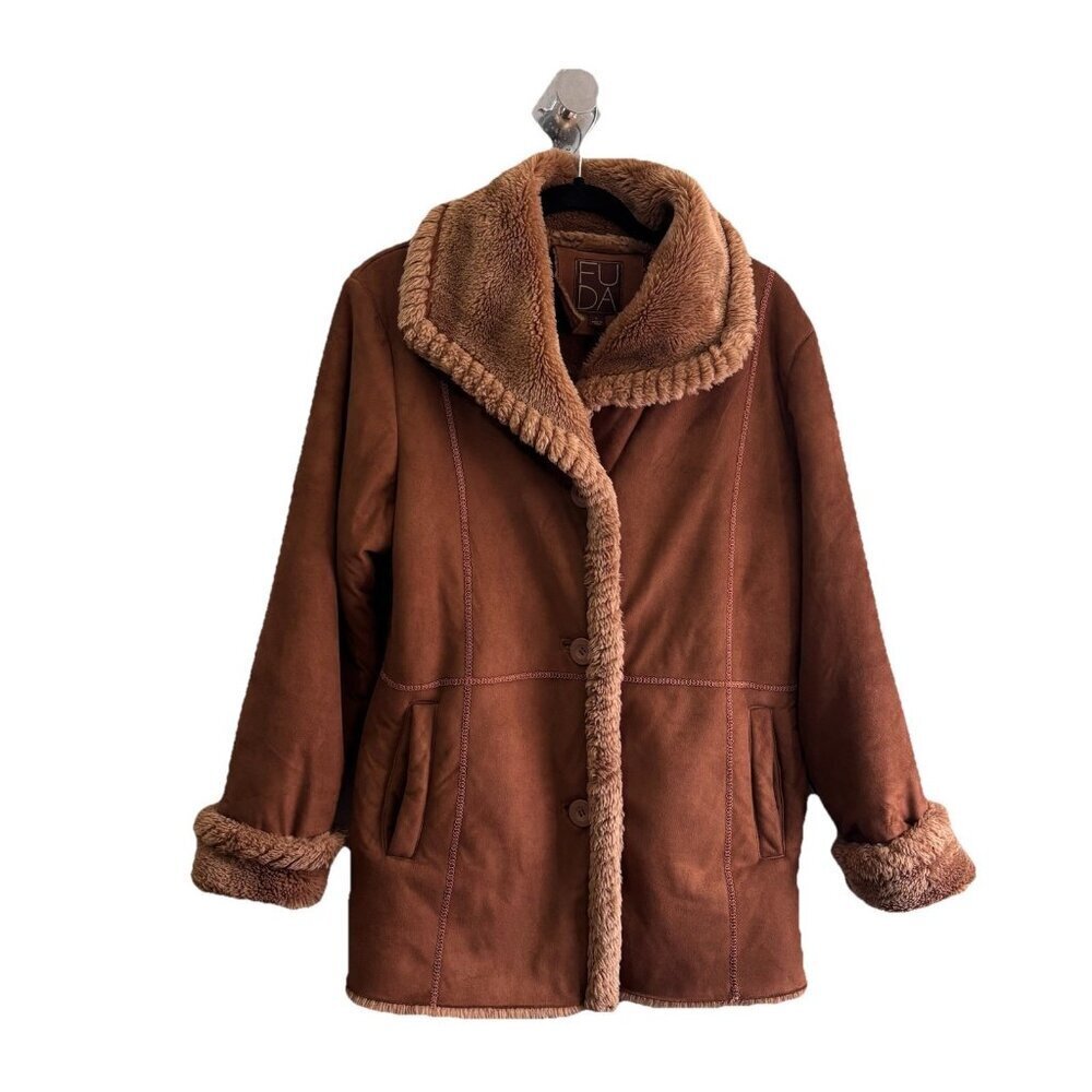 Vintage Fuda Penny Lane Faux Suade Brown Jacket Fur Lined Women Large